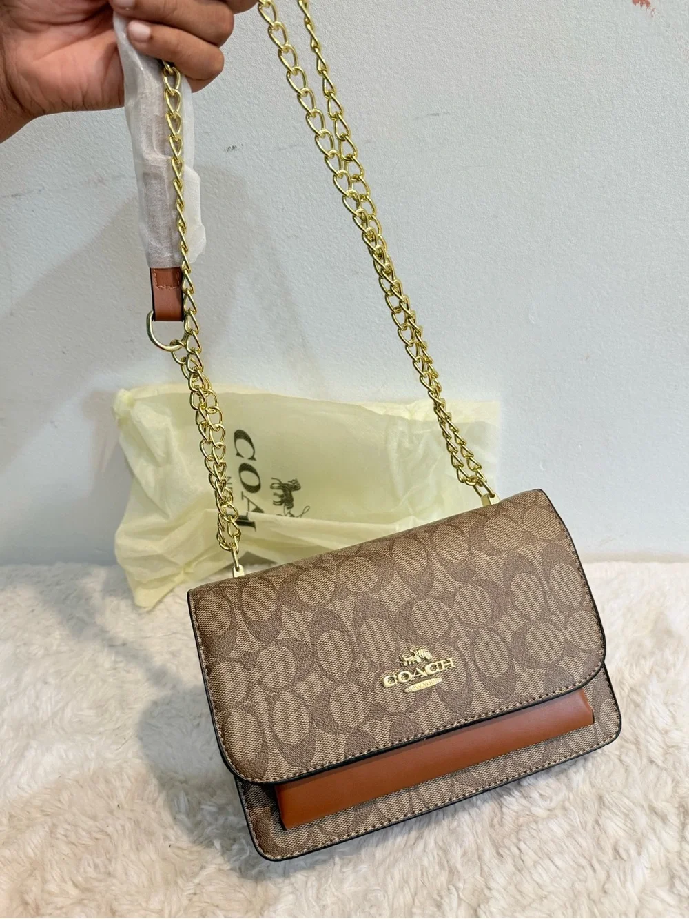 Coach Tan Signature Canvas Crossbody with Gold Chain